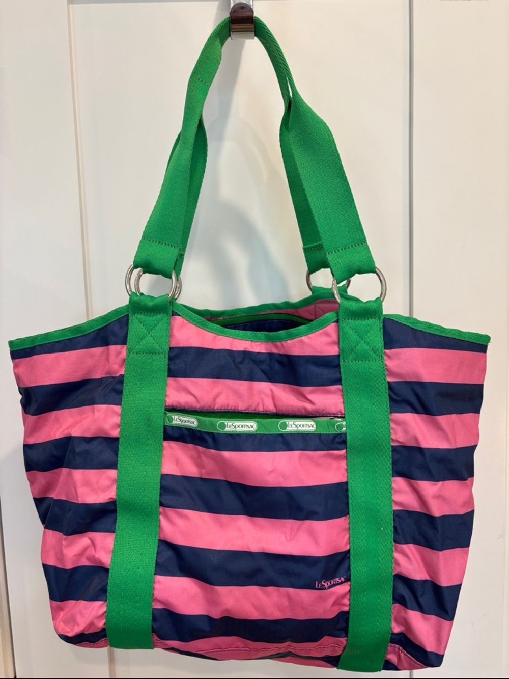 LeSportsac tote pink and blue stripes with green trim - Picture 2 of 11